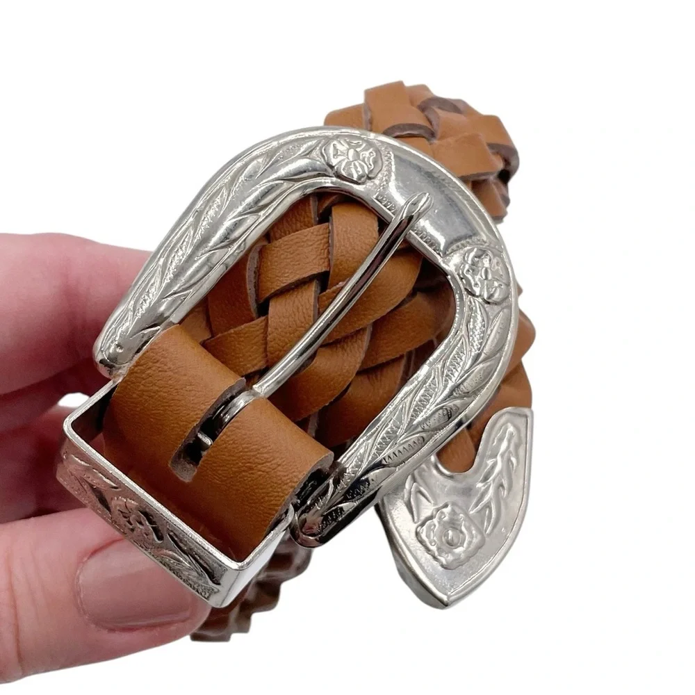 Vintage Western Belt Braided Genuine Leather Silver Buckle Flower Design 38